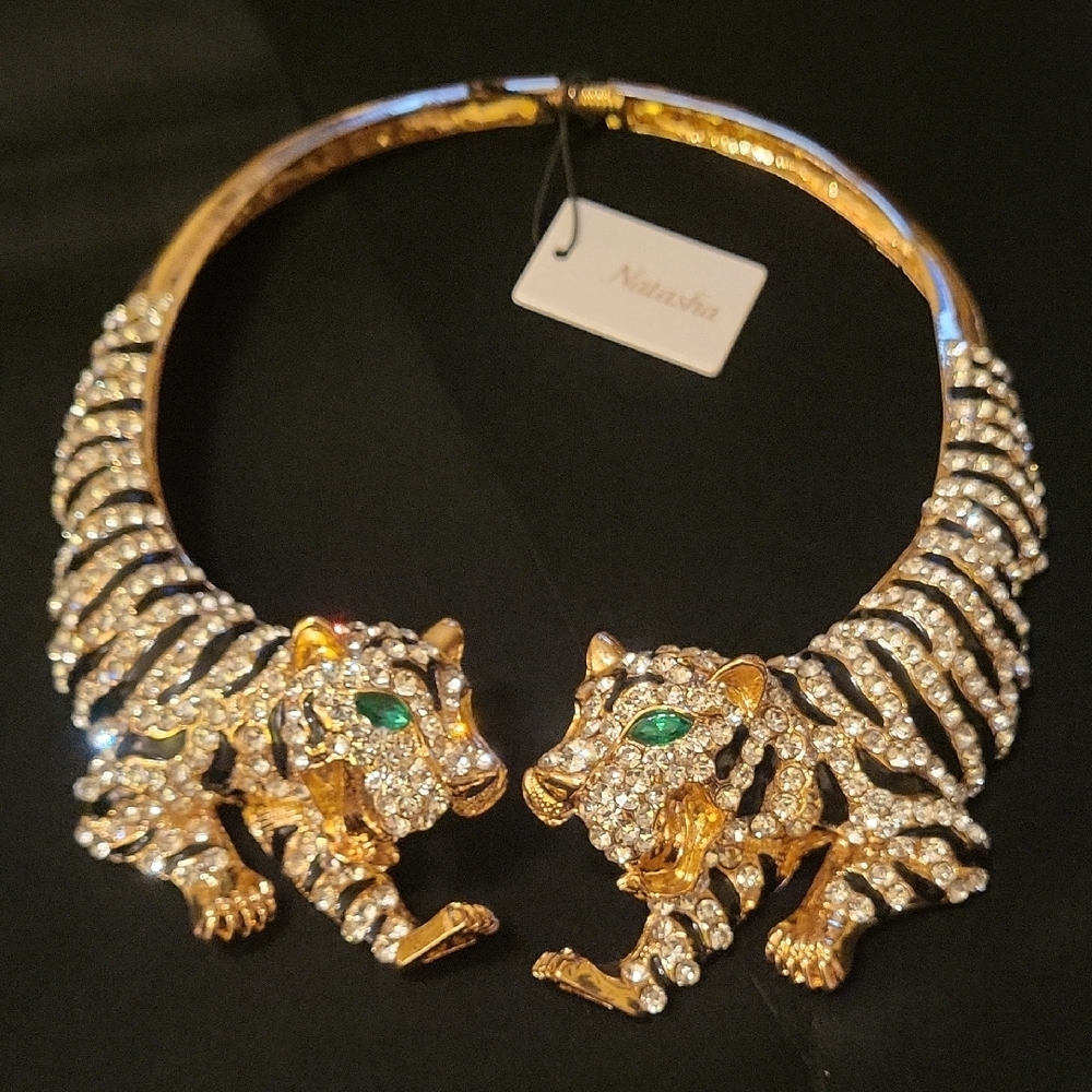 Natasha Couture Tiger Hinged Cuff Necklace Gold, White and Black Green Eye HL